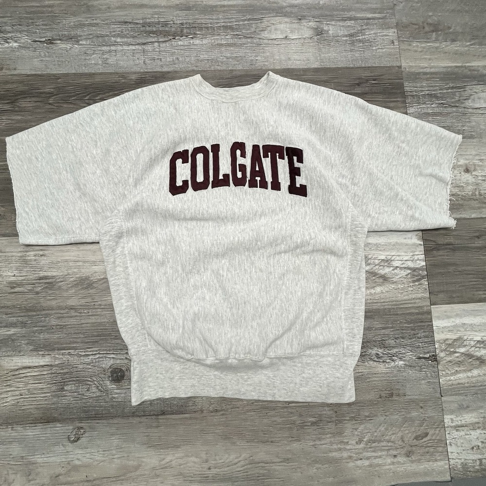 Vintage‎ Champion Colgate University Short Sleeve Reverse Weave Sweatshirt L XL